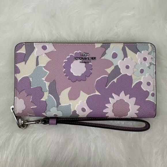 COACH Long Zip Around Wallet With Floral Print Canvas Ivory/Purple Multi… - Picture 1 of 4